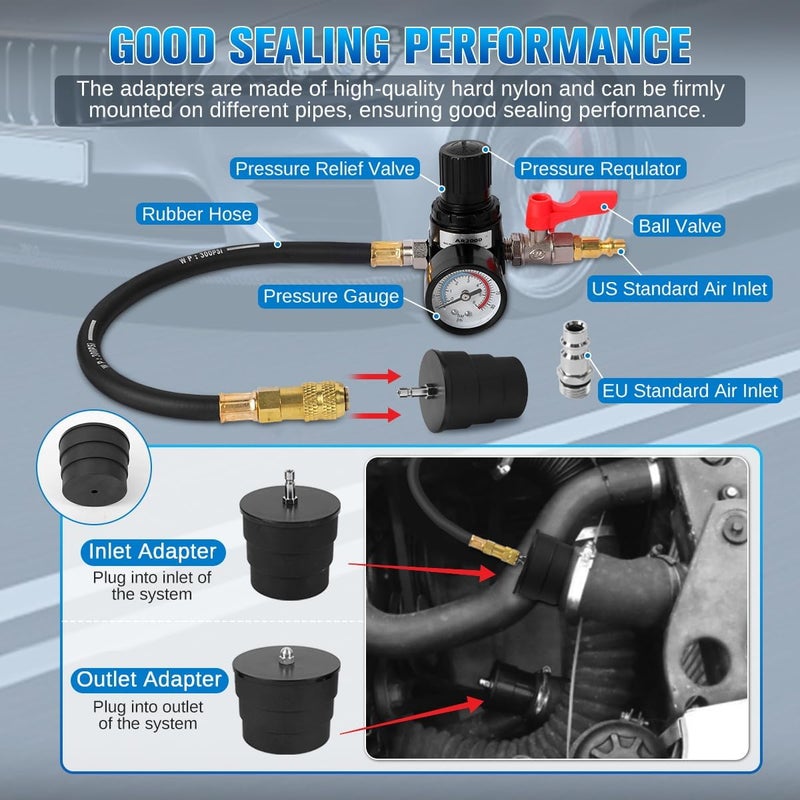 KAISAL Turbo Boost Leak Tester Kit 10PC Boost Leak Tester Automotive Well-sealed Turbo/Emission/Cooling System Pressure Leakage Tester with 4 Pairs of Stepped Adapters 1-3/8" to 3-1/2", US & EU Air Fitting - Image 4
